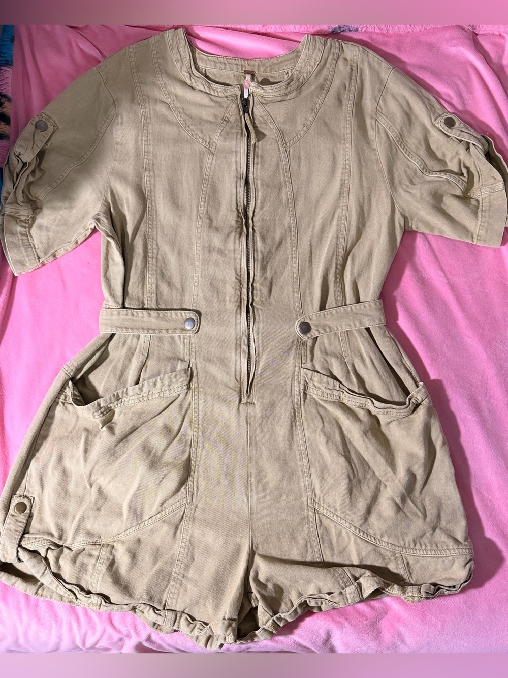Free People Khaki Utility Short Jumpsuit